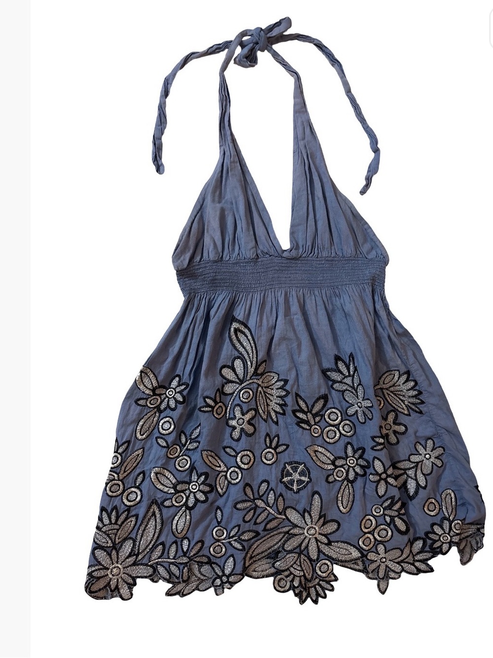 Embroidered Halter Backless Mini Dress in Slate Blue